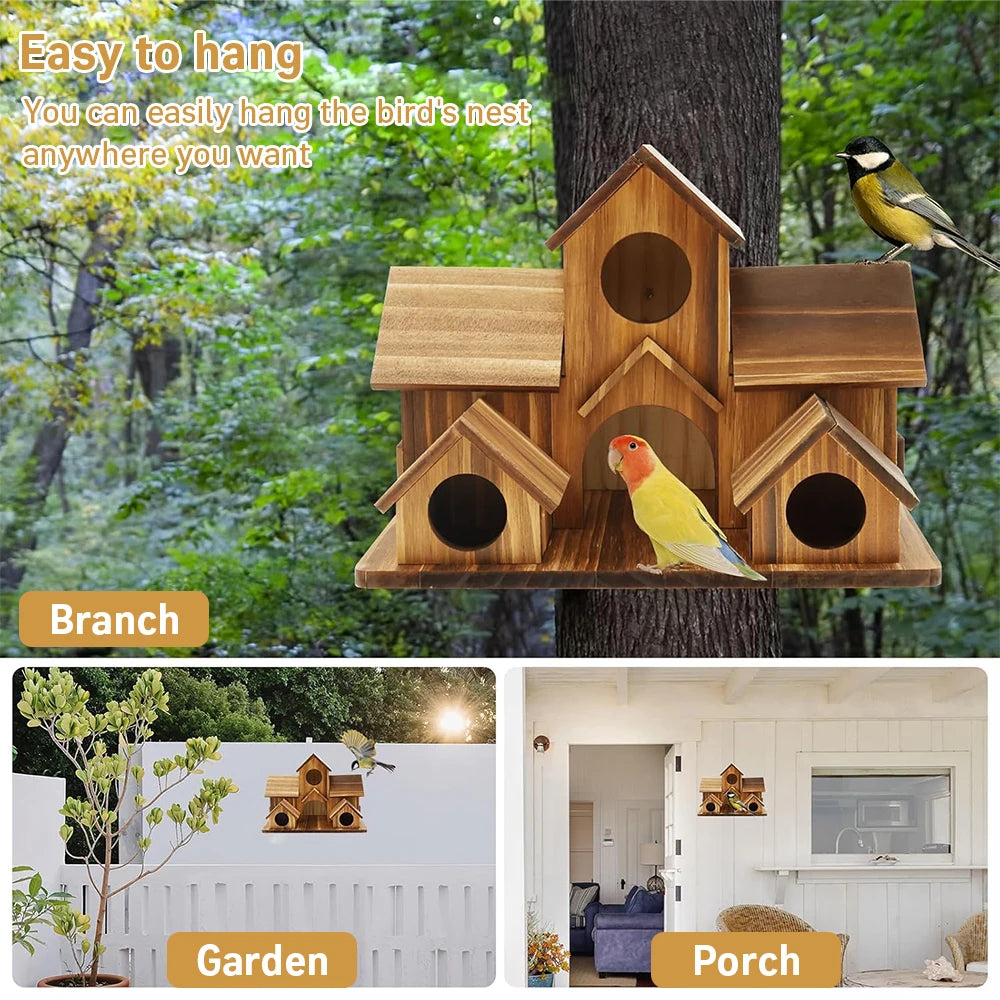 Wooden Five Hole Castle Bird House For Outdoor Garden Decor