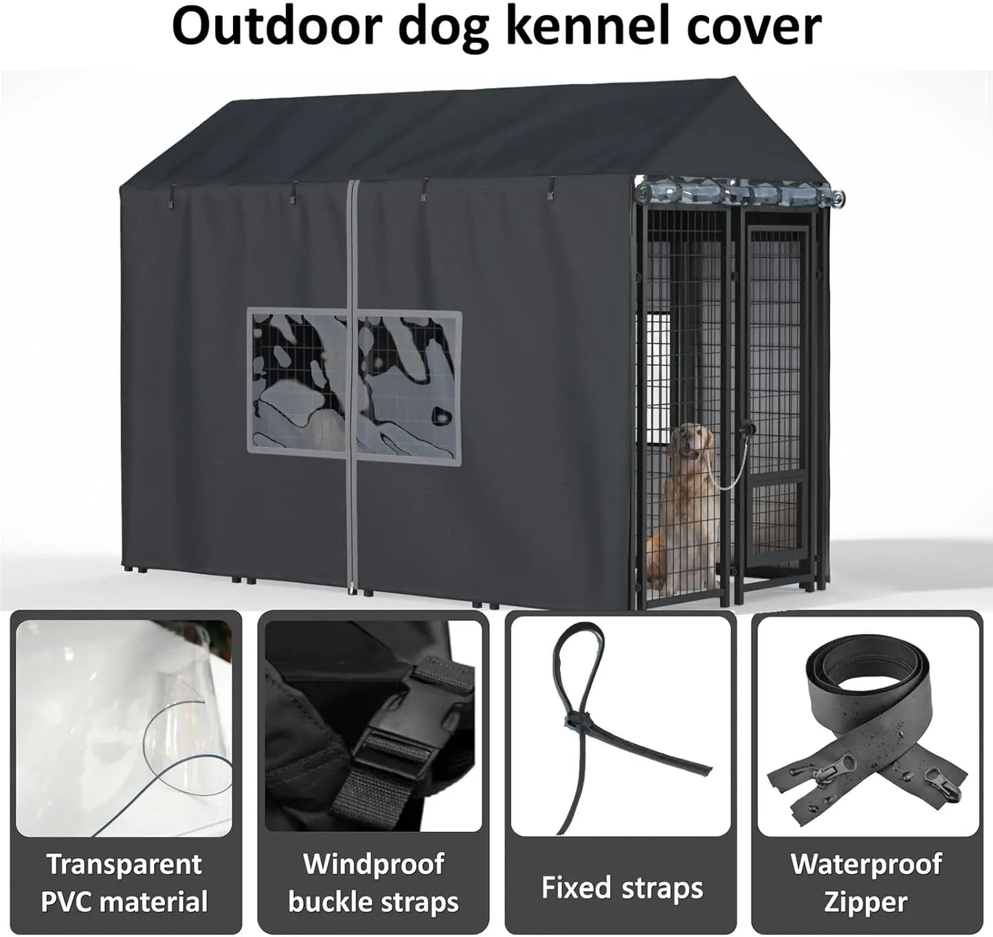 Outdoor Dog Kennel Cover Waterproof, Cold-Resistant With Zippers PVC Windows