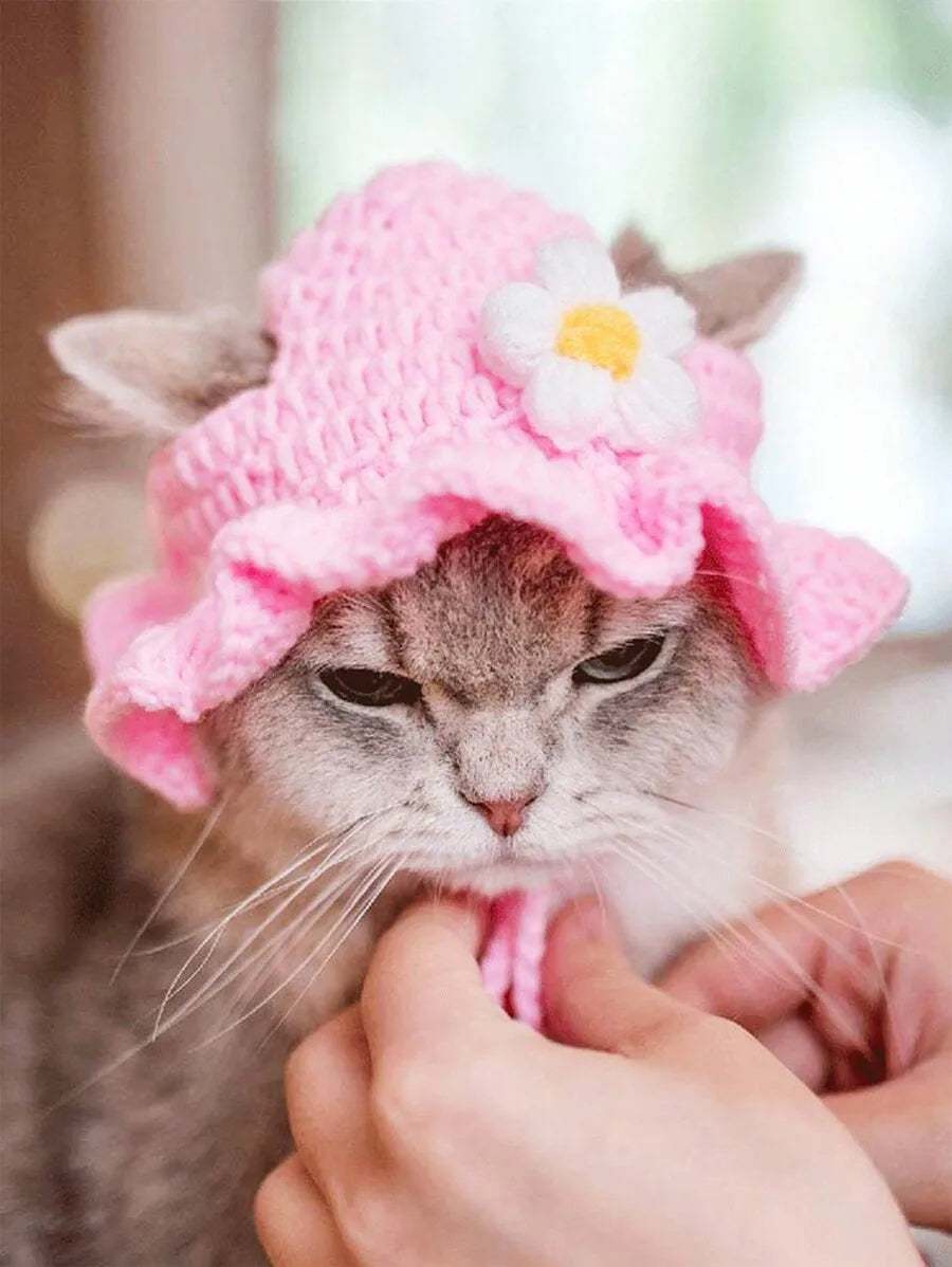Premium Wool Knitted Pet Hat With Floral Trim For Pets