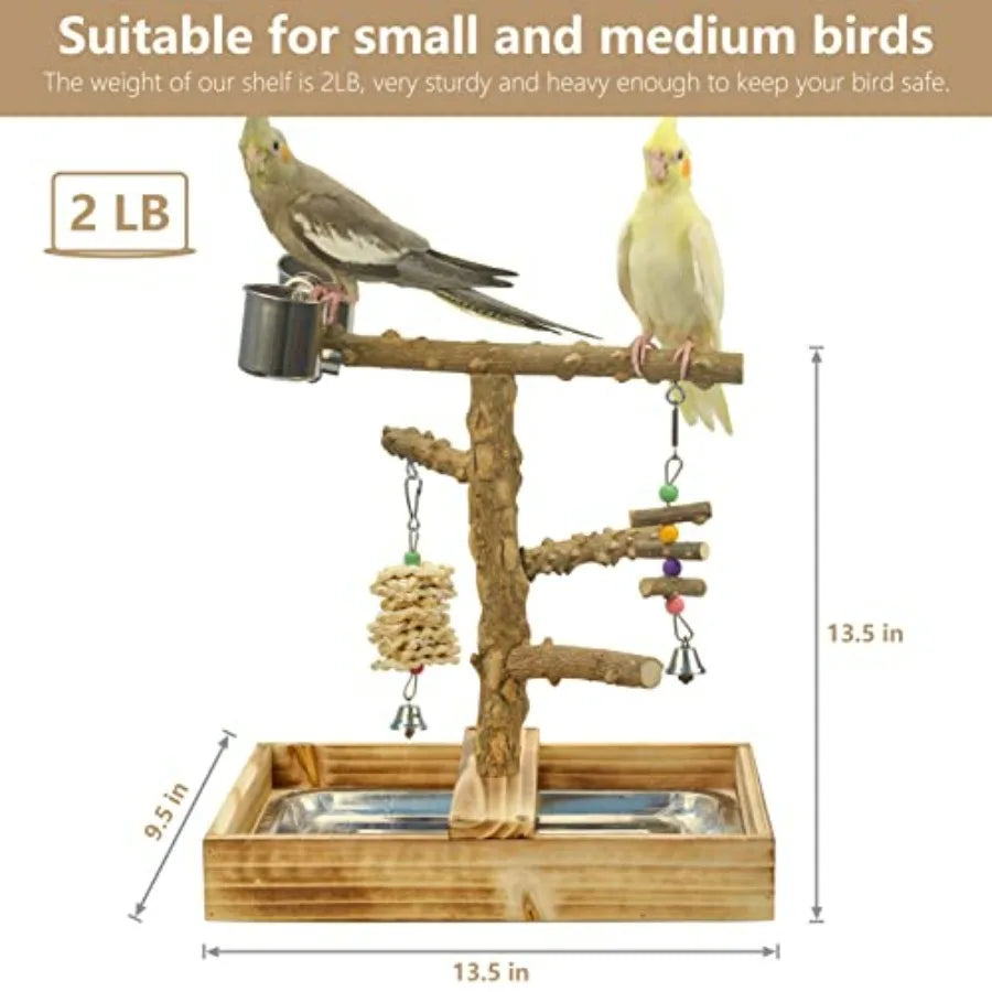 Natural Wood Bird Toys Playground With Perches And Steel Cups