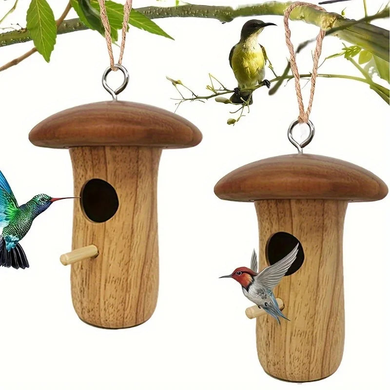 Natural Wooden Hanging Hummingbird House For Outdoor Gardens