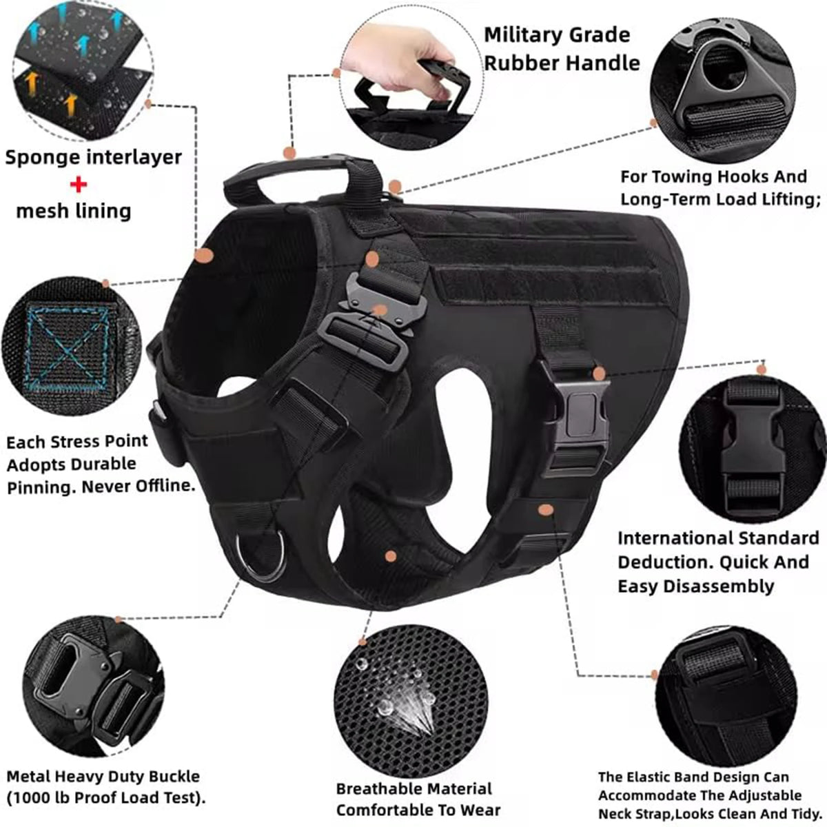 Adjustable Padded Nylon Tactical Dog Harness With Quick Release Buckle