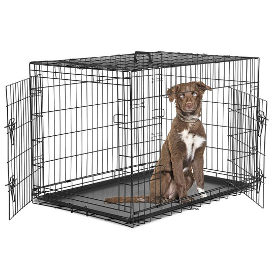 Dog Crate Double Door Portable Metal Wire Kennel With Tray