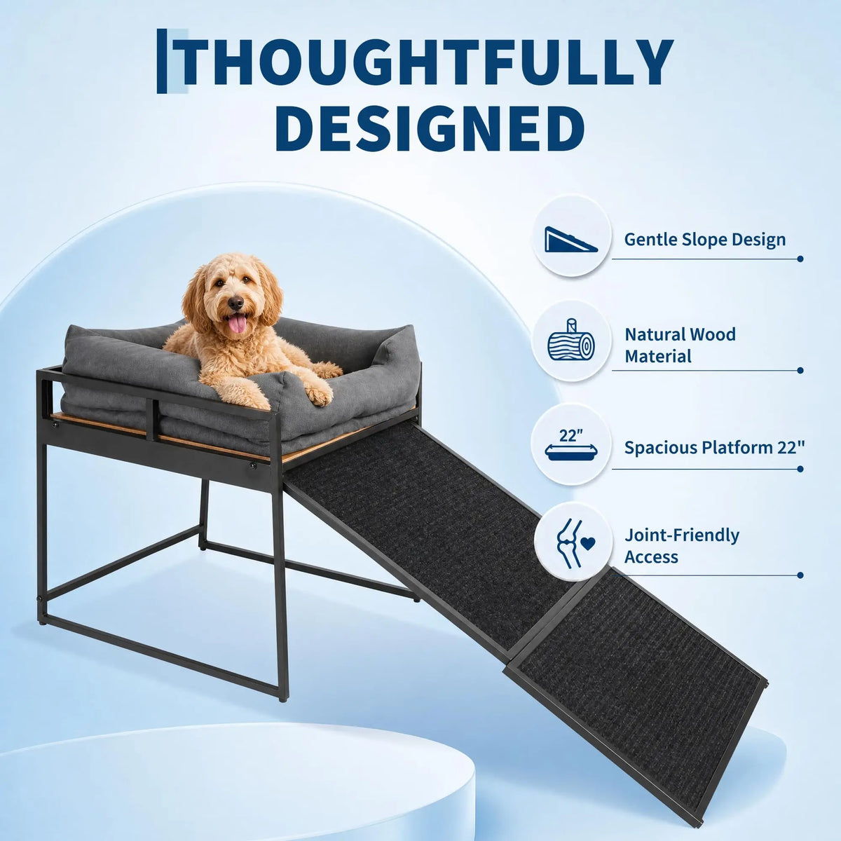 Elevated Dog Bed Platform With Non Slip Ramp And Bolster