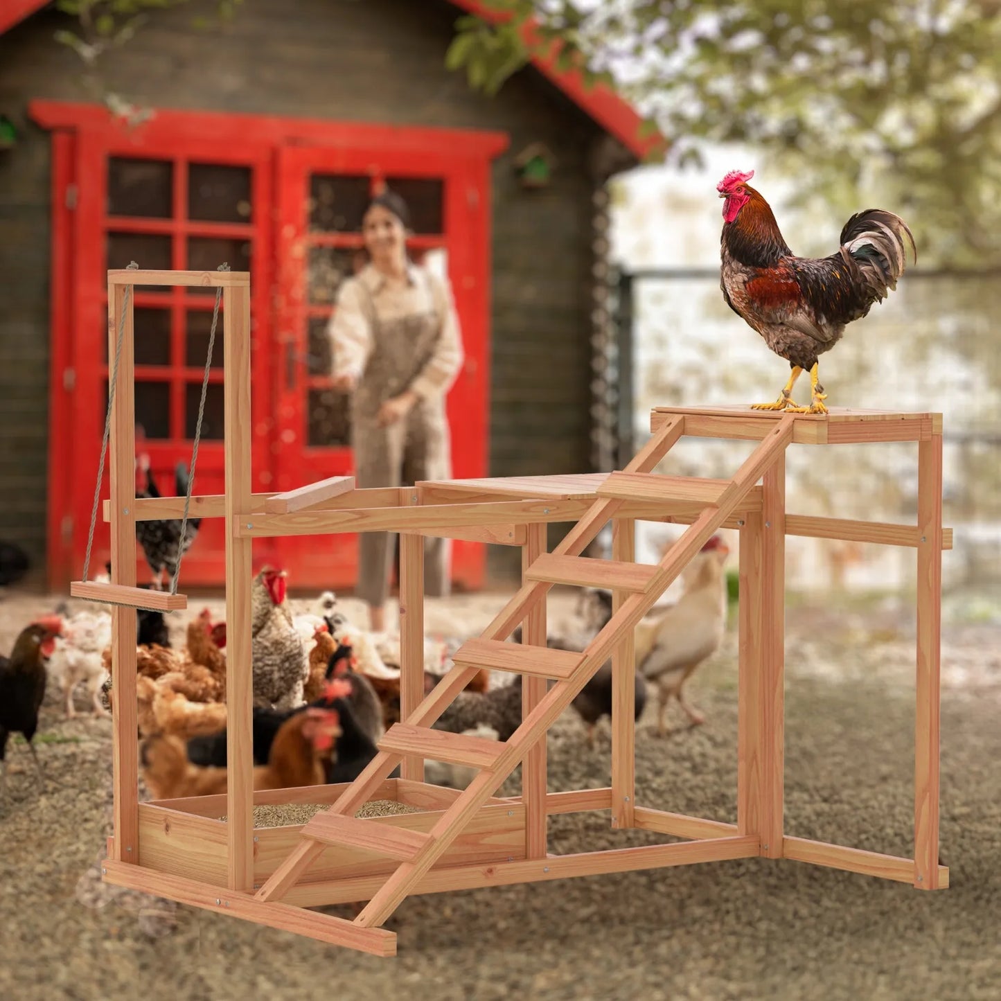 Wooden Chicken Roost and Perch Play Set with Swing Toy