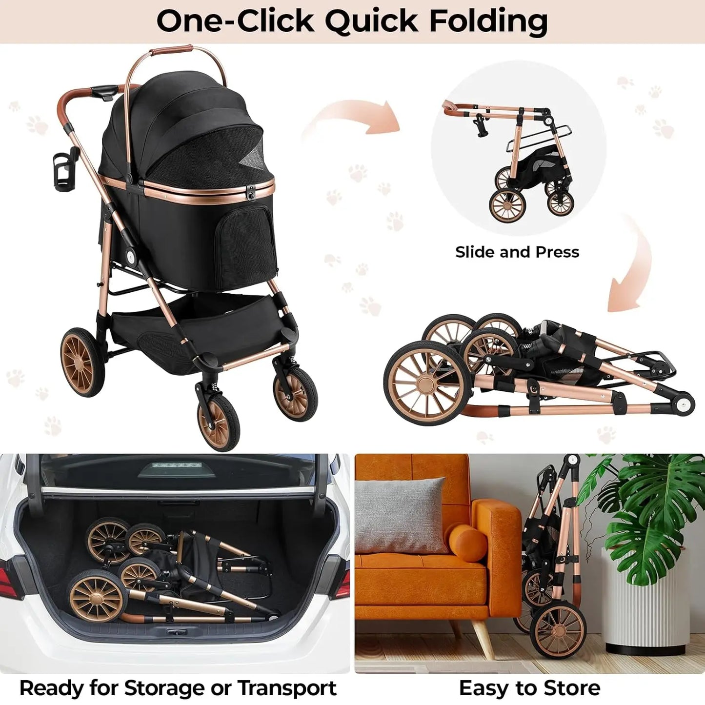 Foldable Pet Stroller All Terrain 3 In 1 Carrier Cup Holder