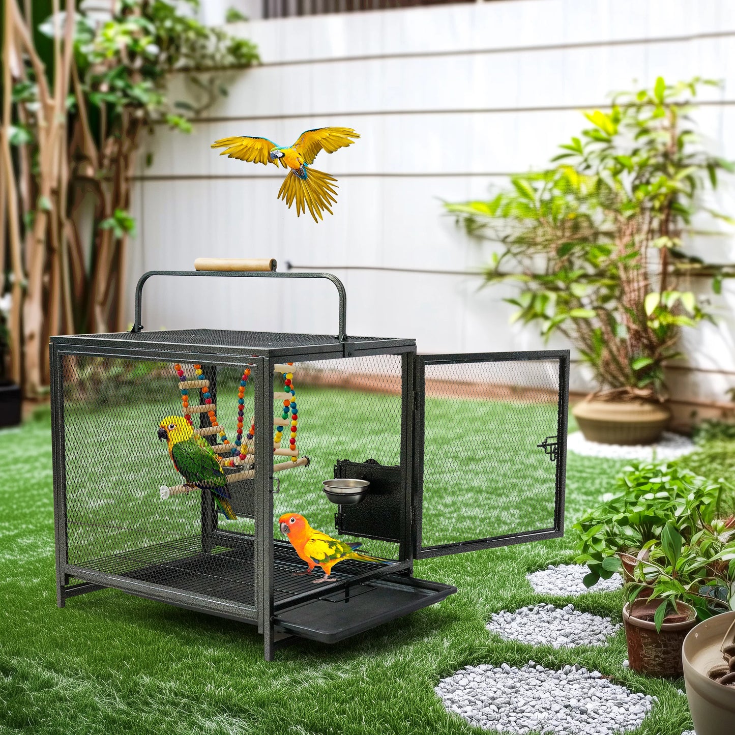 Wrought Iron Parrot Travel Carrier Cage With Handle And Wooden Perch Seed Guard