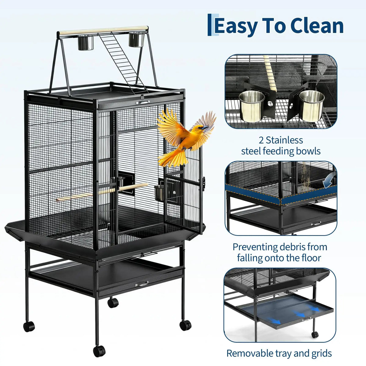 HiMISS Metal Bird Cage With Rolling Stand And Play Top