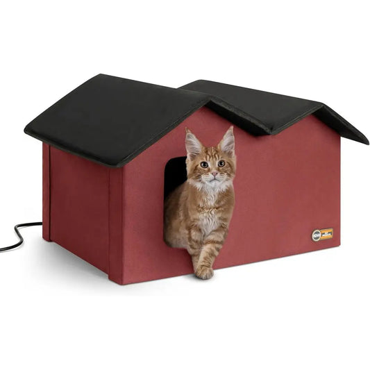 Extra Wide Heated Outdoor Cat House For Two Cats Insulated Weatherproof Shelter