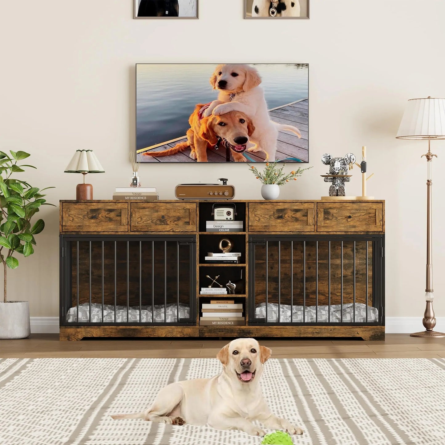 HiMISS Heavy Duty Double Dog Crate Furniture TV Stand