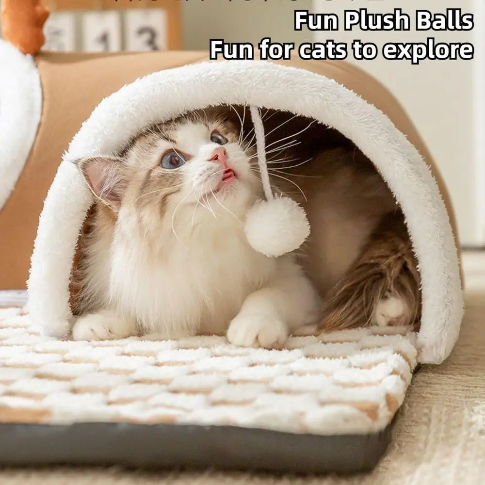 Indoor Cat Tunnel Bed With Peekaboo Cave And Toy Balls
