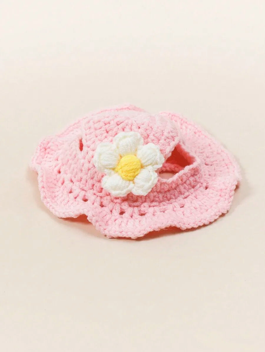 Premium Wool Knitted Pet Hat With Floral Trim For Pets