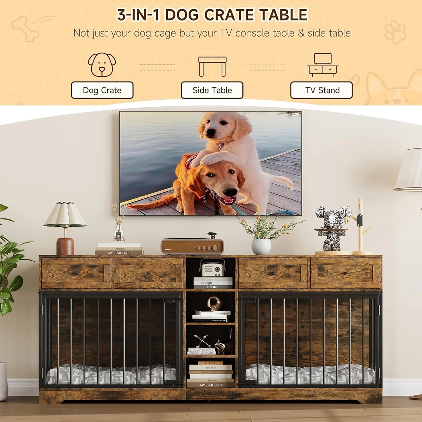 HiMISS Heavy Duty Double Dog Crate Furniture TV Stand