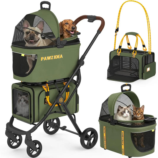 Double Pet Stroller With Detachable Carriers For Cats And Dogs