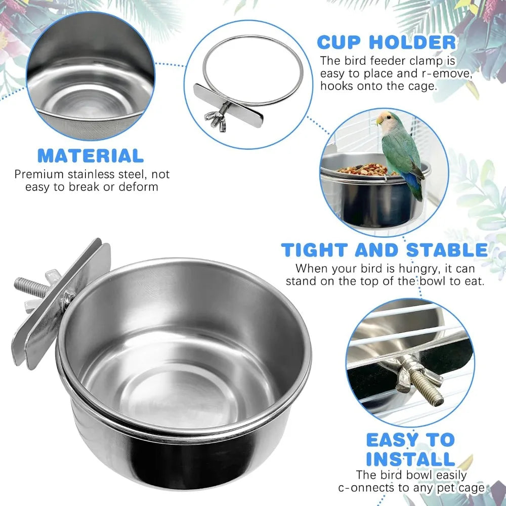 Bird Cage Feeder Cups 2 Pack Parrot Water Bowl Clamp