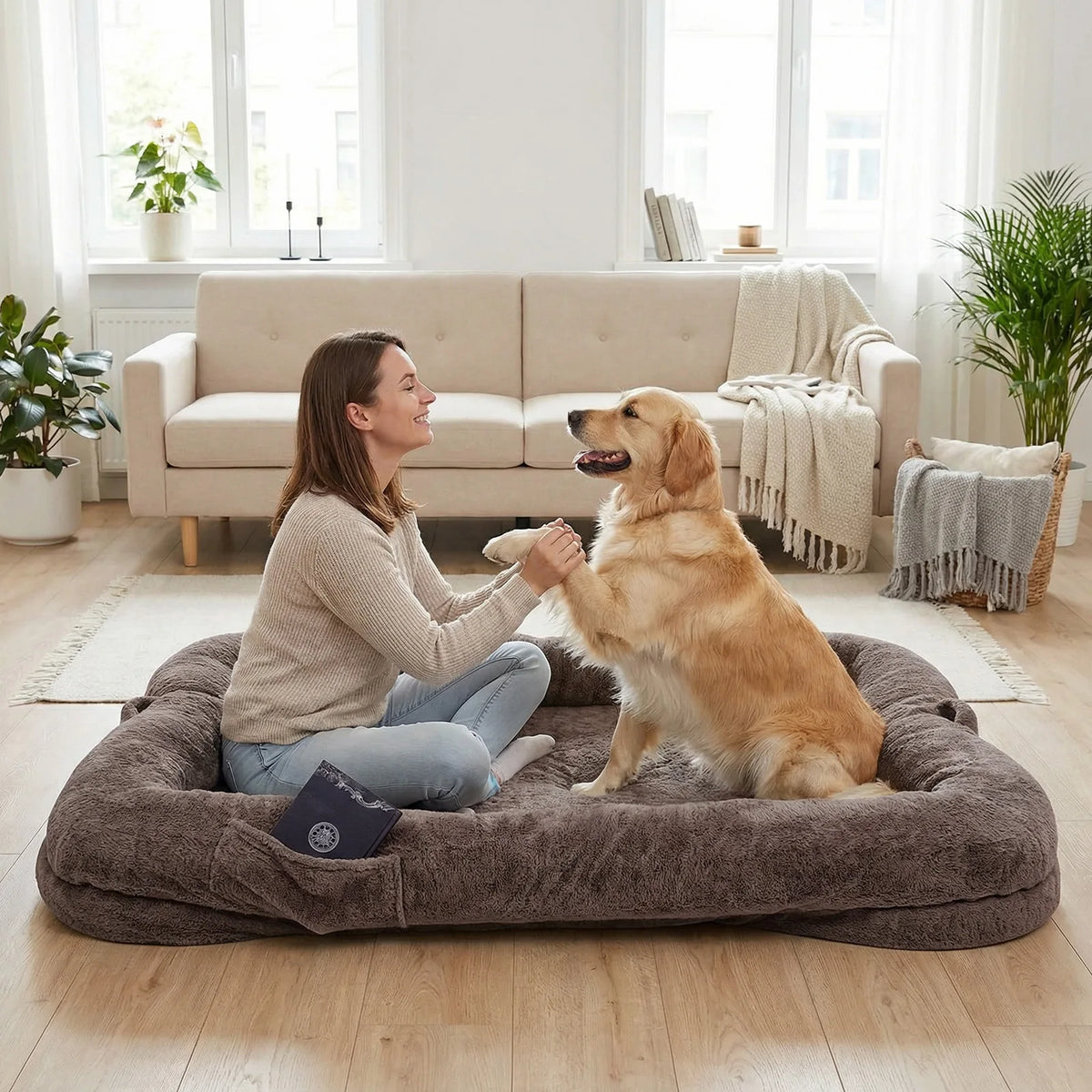 Topincn Portable Washable Plush Human And Dog Bed With Blanket