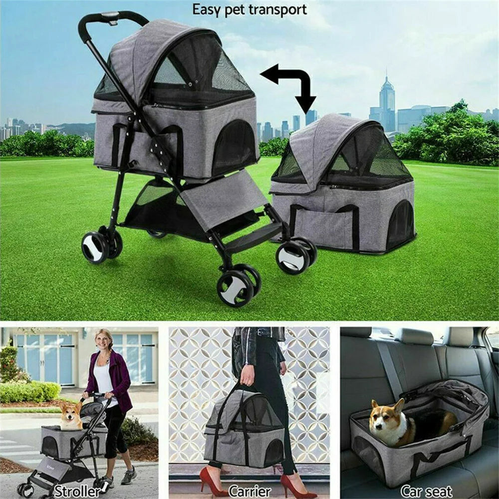Foldable Pet Stroller Travel Carrier With 360 Wheels And Rain Cover