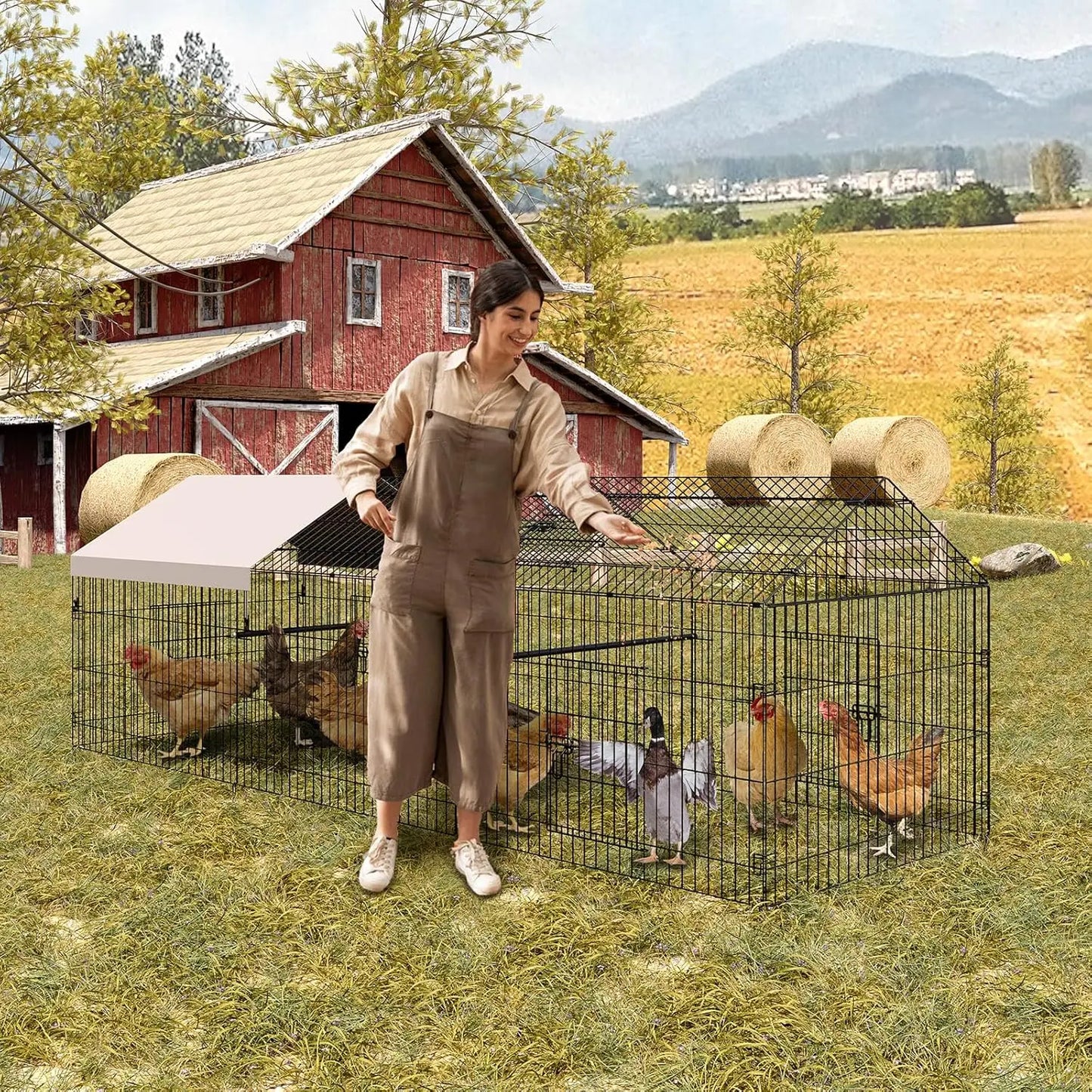 HiMISS Heavy Duty Walk In Metal Chicken Coop Run With Waterproof Cover