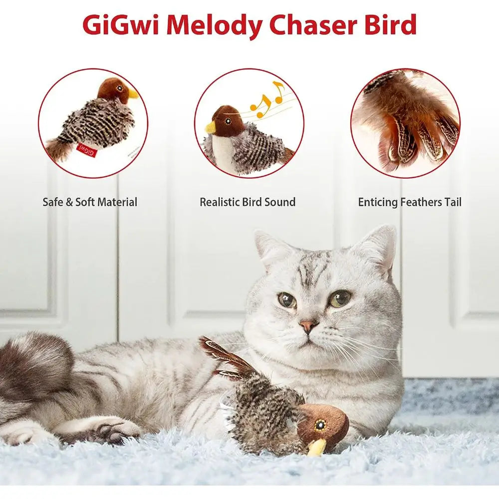 Interactive Chirping Bird Cat Toy With Feather Tail Squeaker