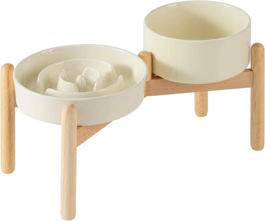 Ceramic Raised Slow Feeder Dog Bowl Set With Wooden Stand