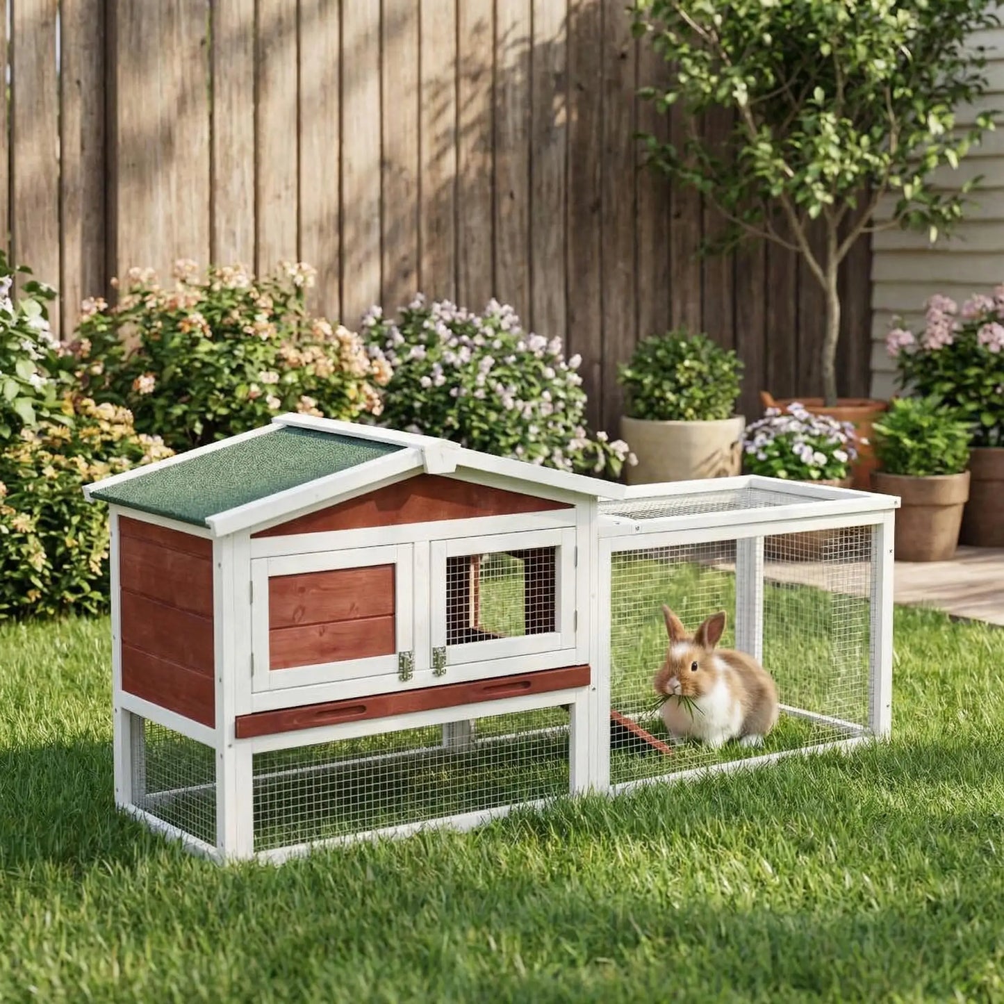 HiMISSFarm Outdoor Rabbit Hutch 2 Tier Wooden Cage With Ramp Tray