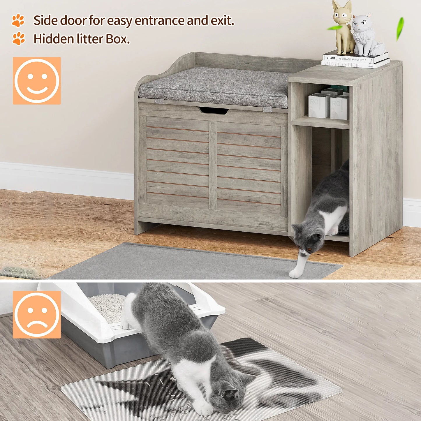 Hidden Wood Cat Litter Box Enclosure With Scratch Pad Easy Assembly