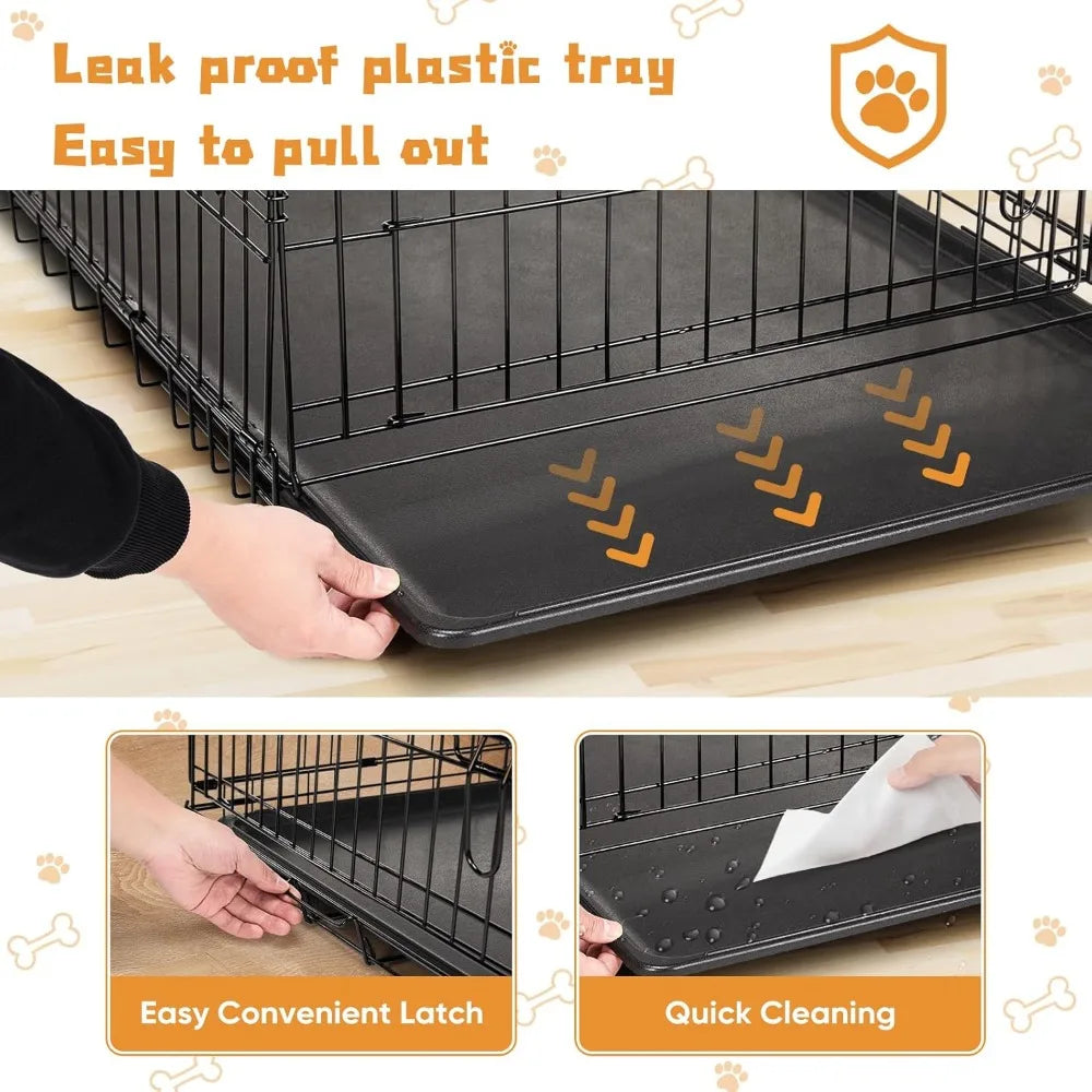 Dog Crate Foldable Double Door Cage With Leak Proof Pan Tray