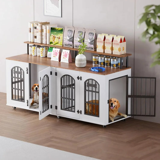 DAFIFY Wooden Dog Crate Furniture With Lockable Wheels Divider Storage