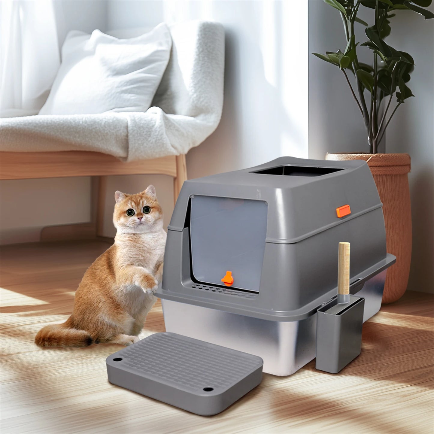 Enclosed Stainless Steel Cat Litter Box With Lid And High Walls