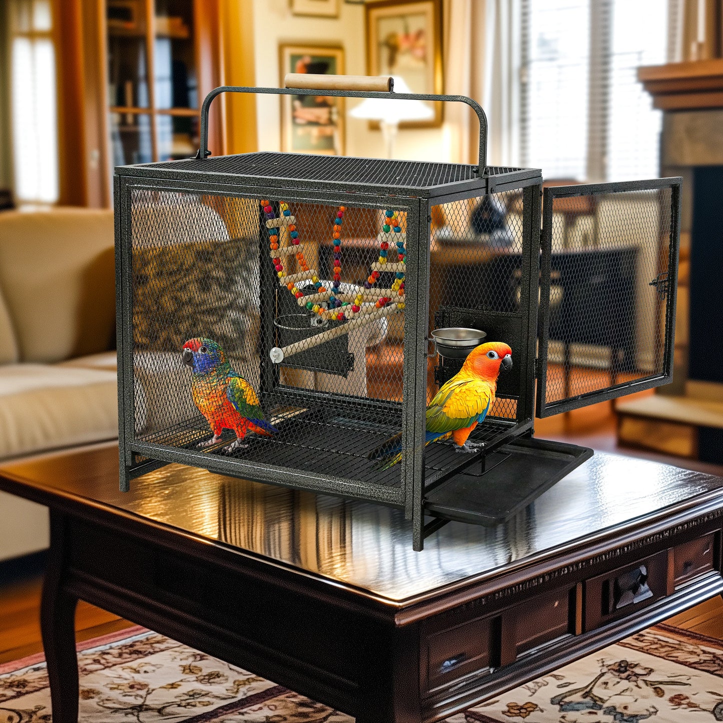 Wrought Iron Parrot Travel Carrier Cage With Handle And Wooden Perch Seed Guard
