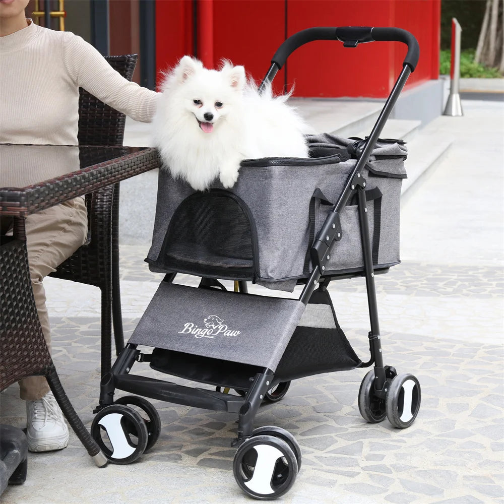Foldable Pet Stroller Travel Carrier With 360 Wheels And Rain Cover