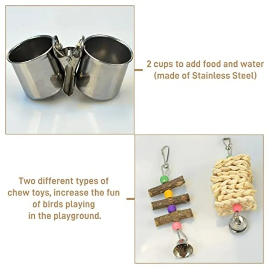 Natural Wood Bird Toys Playground With Perches And Steel Cups