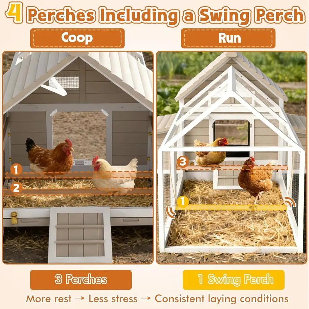 Wooden Chicken Coop For 4-6 Hens With Run Nesting Boxes Swing Perch