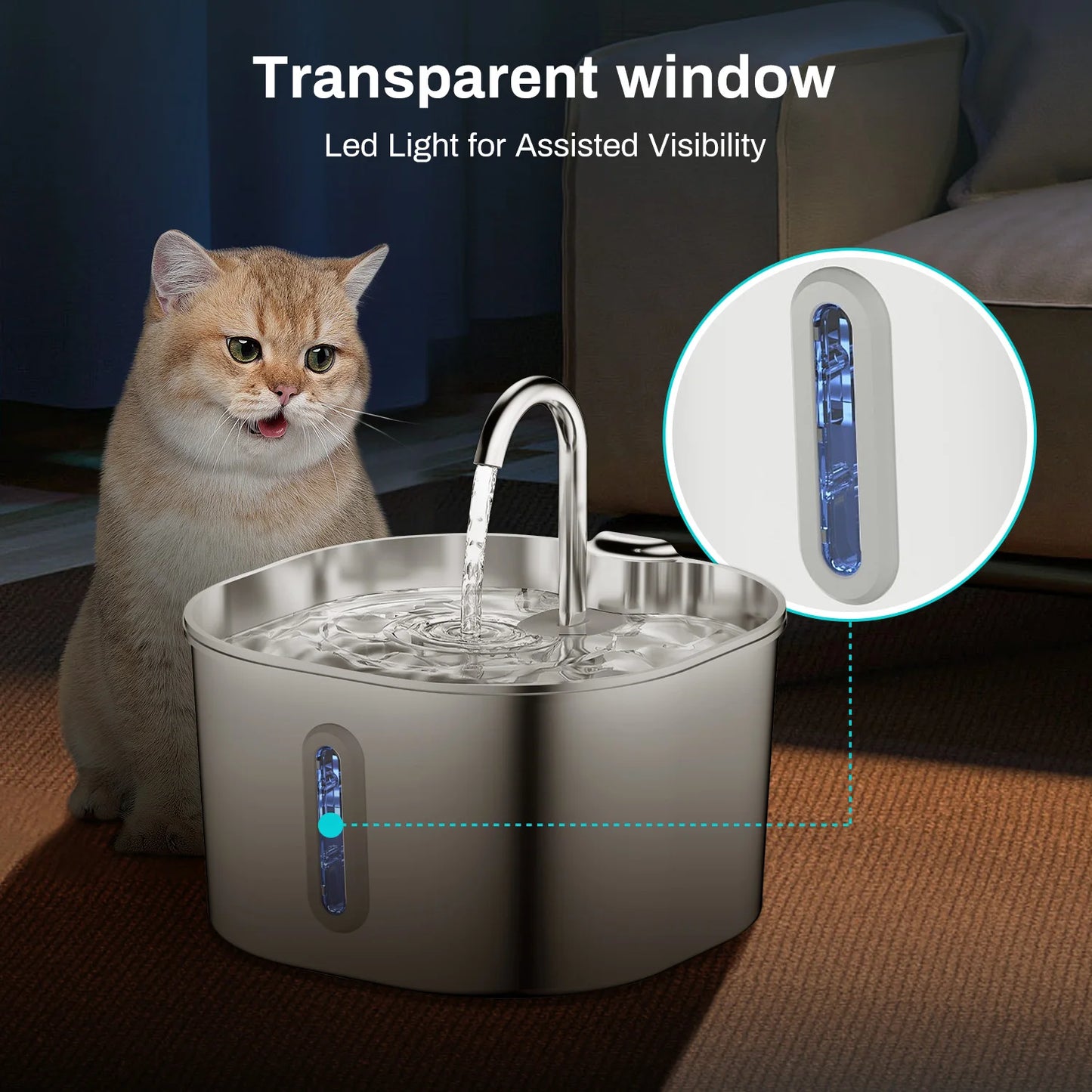 Automatic Cat Water Fountain Square Stainless Steel With Window
