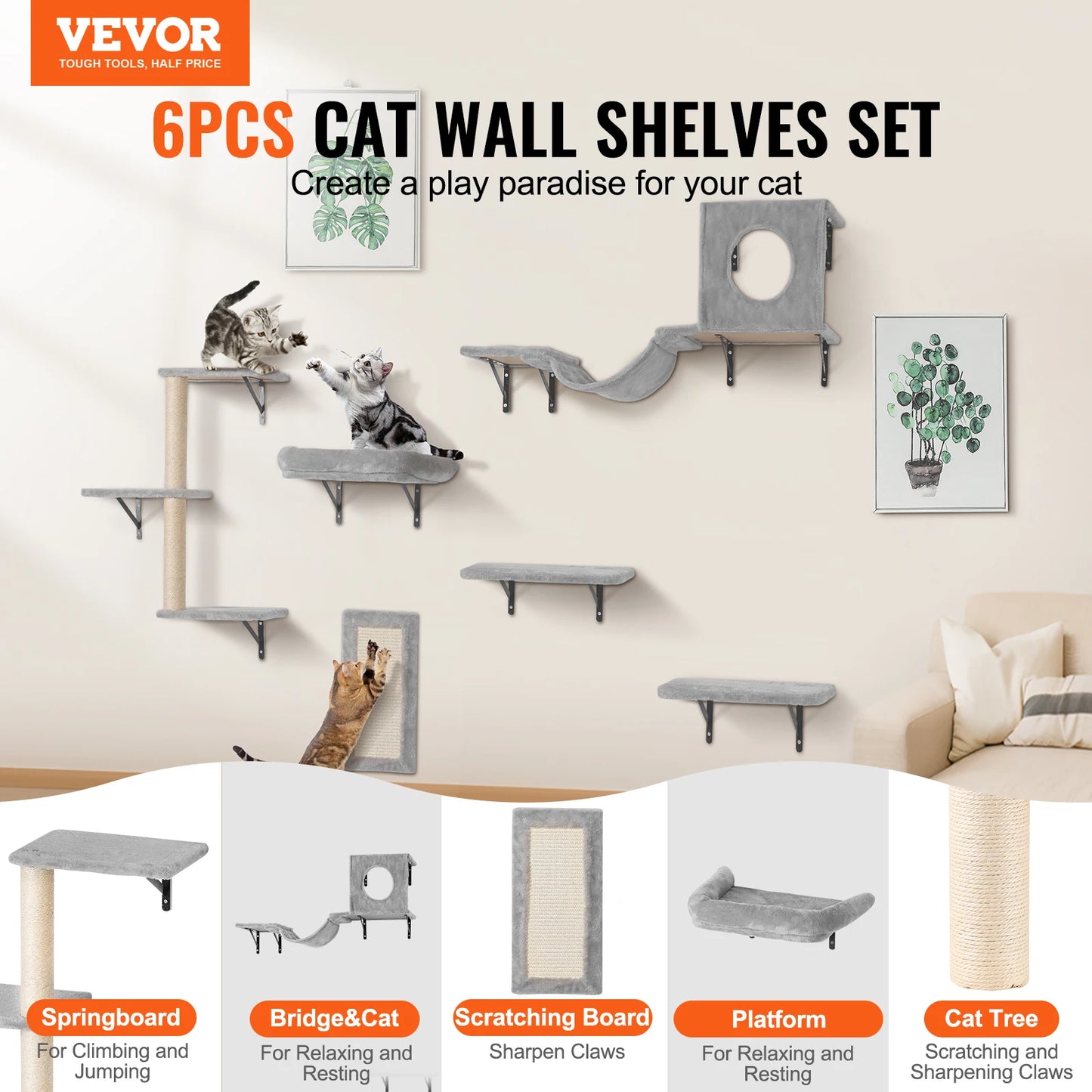 SucceBuy Wall Mounted Cat Shelves With Jumping Boards And Perches