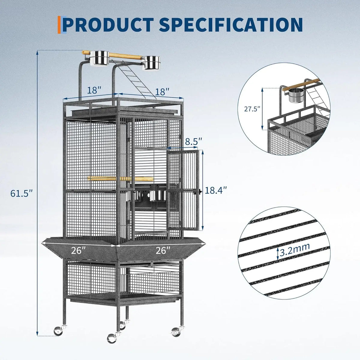 HiMiss Large Bird Cage With Play Top And Wood Perches