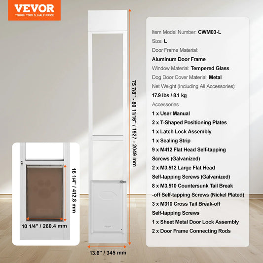 Sliding Glass Dog Door for Adjustable Height Aluminum Frame