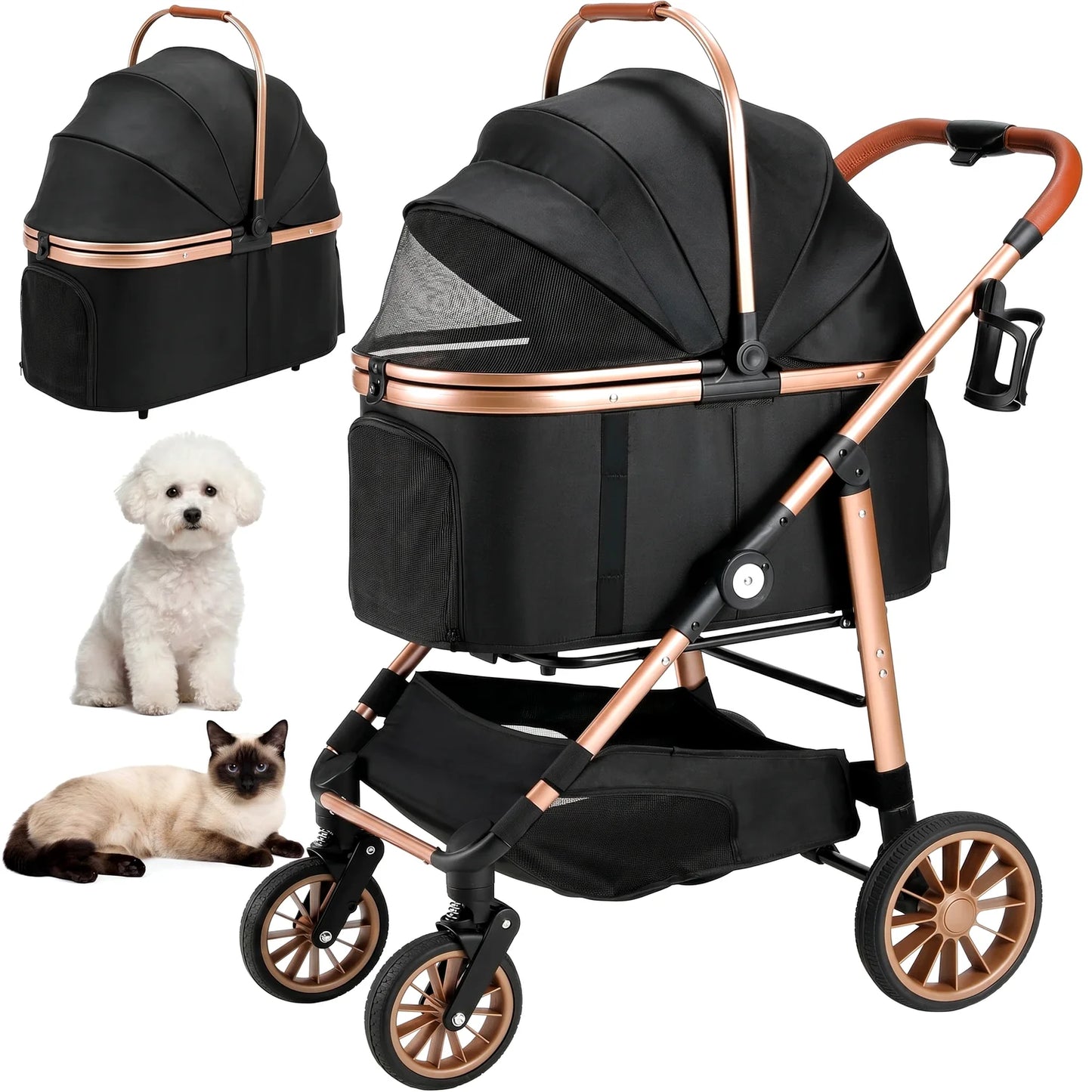 Foldable Pet Stroller All Terrain 3 In 1 Carrier Cup Holder