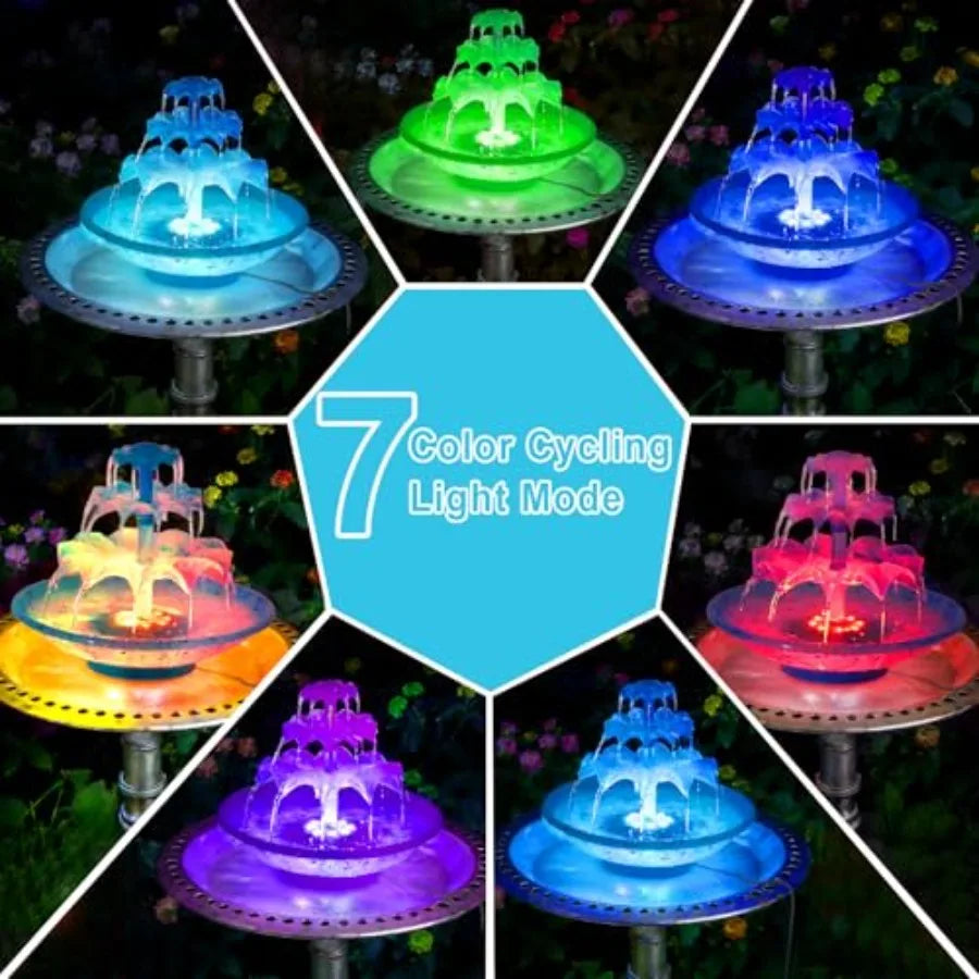 3.5W Solar Fountain Pump For Bird Bath With 8 LED Lights Power Cord Included