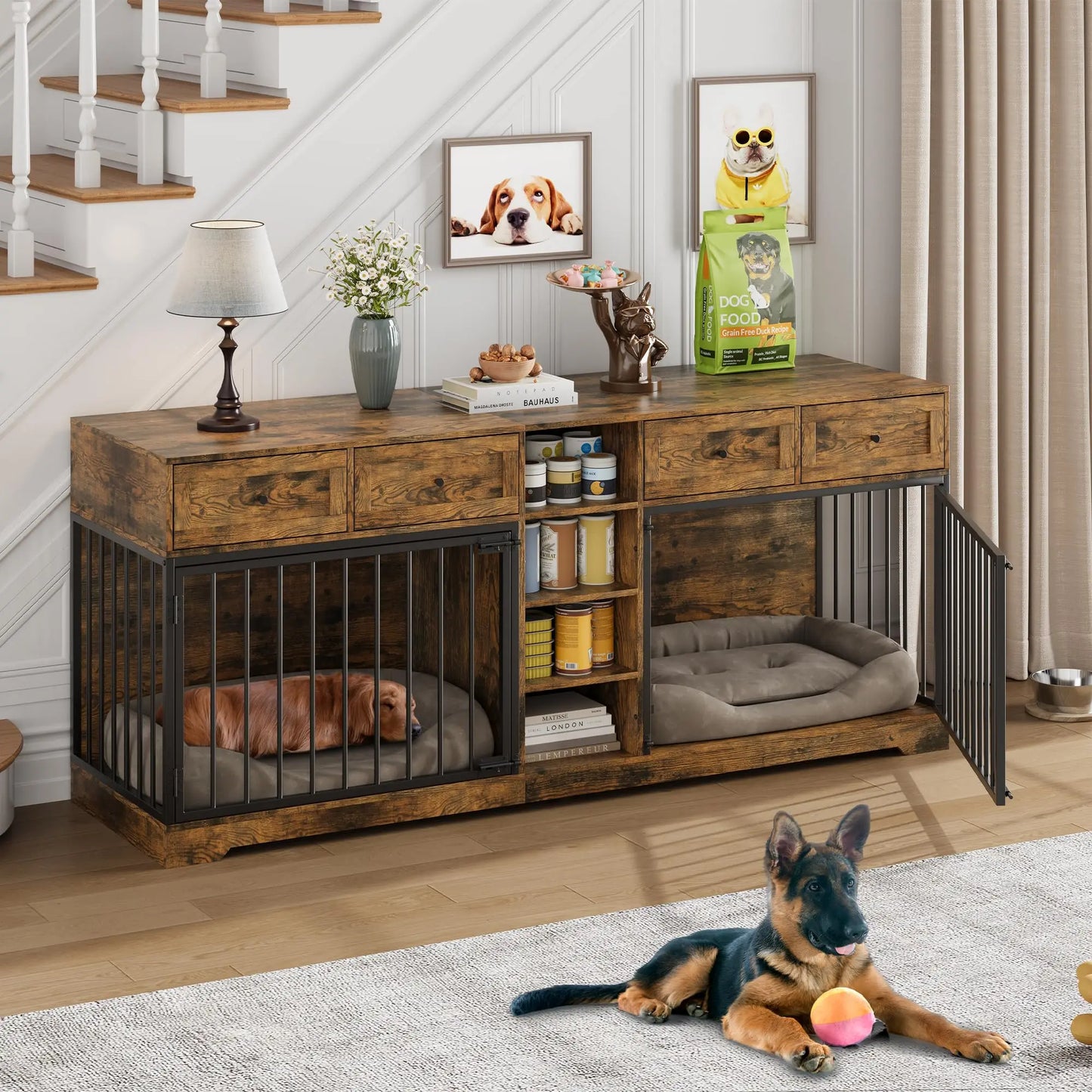 HiMISS Heavy Duty Double Dog Crate Furniture TV Stand