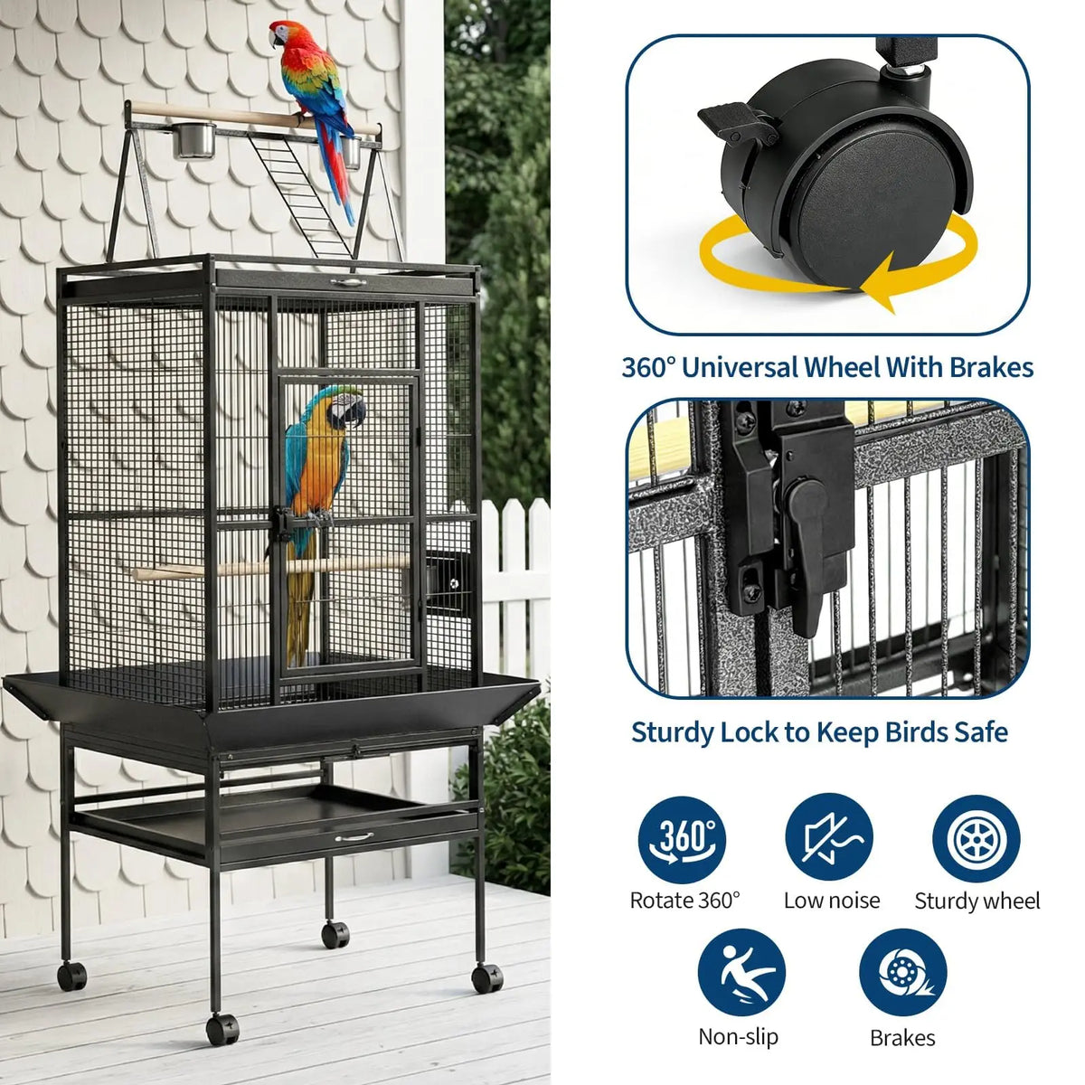 HiMISS Metal Bird Cage With Rolling Stand And Play Top