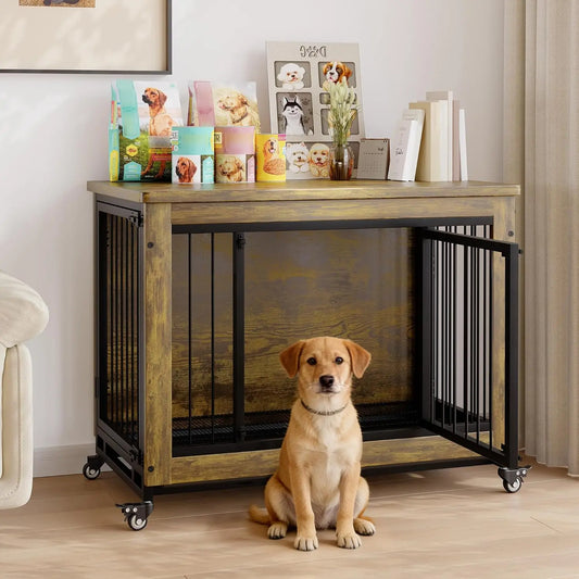 HiMISS Wooden Dog Crate Furniture With 3 Doors And Wheels
