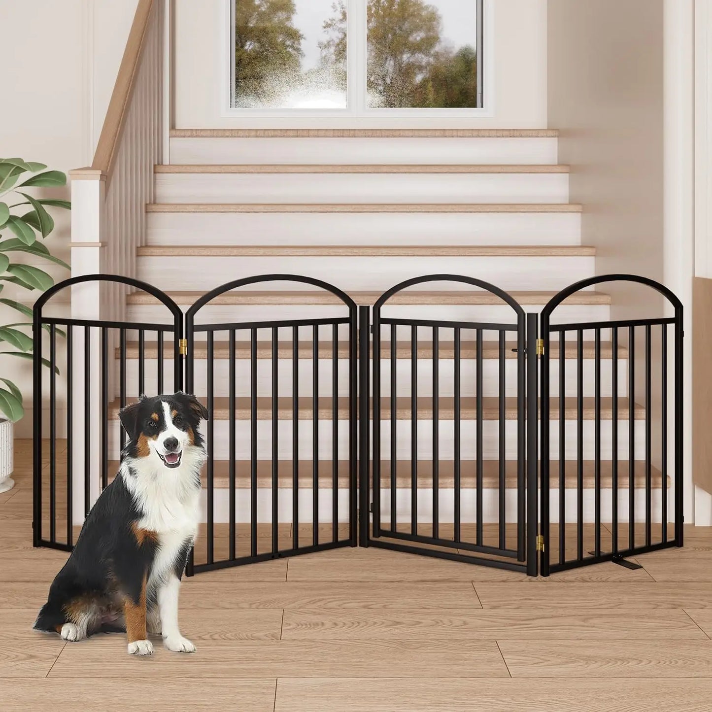 4-Panel Metal Pet Gate With Door Foldable Freestanding Fence