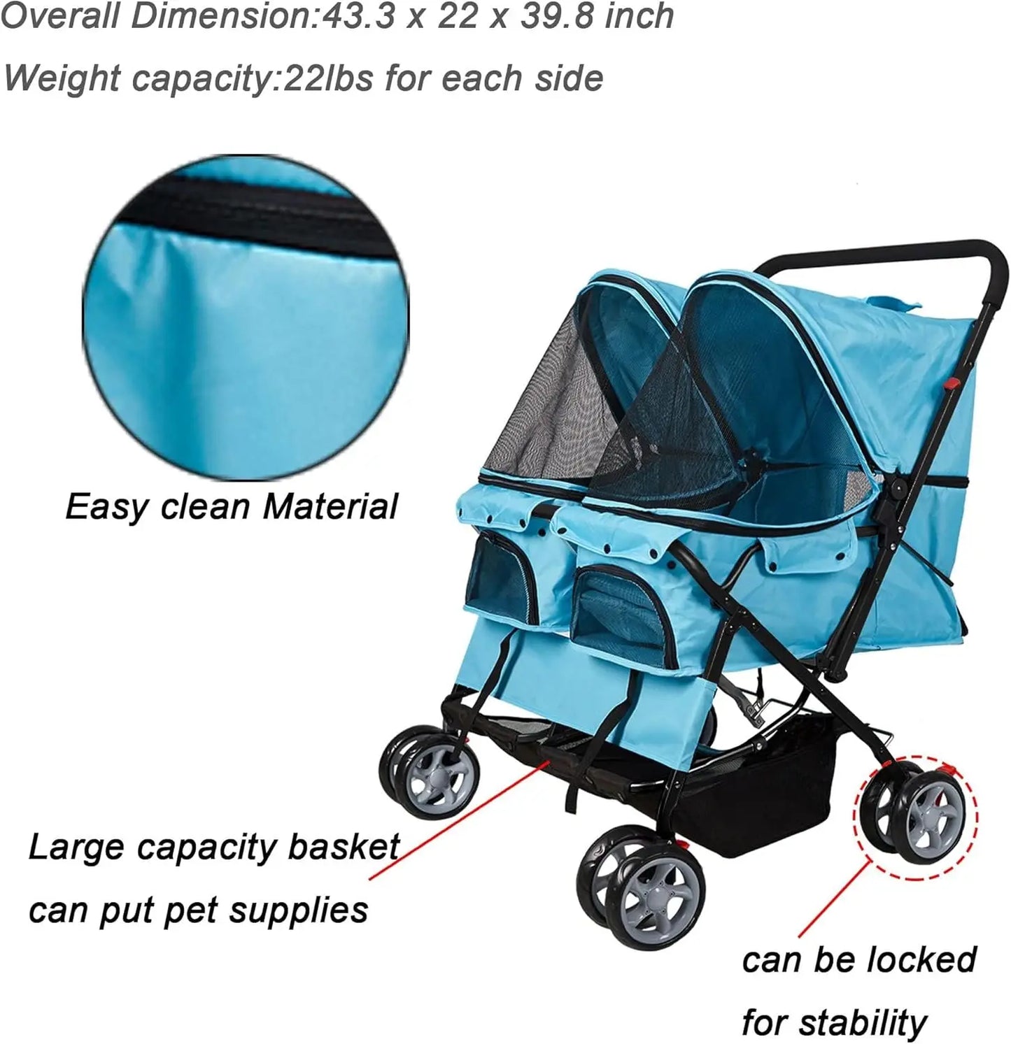 Foldable Twin Pet Stroller for Dogs and Cats Travel