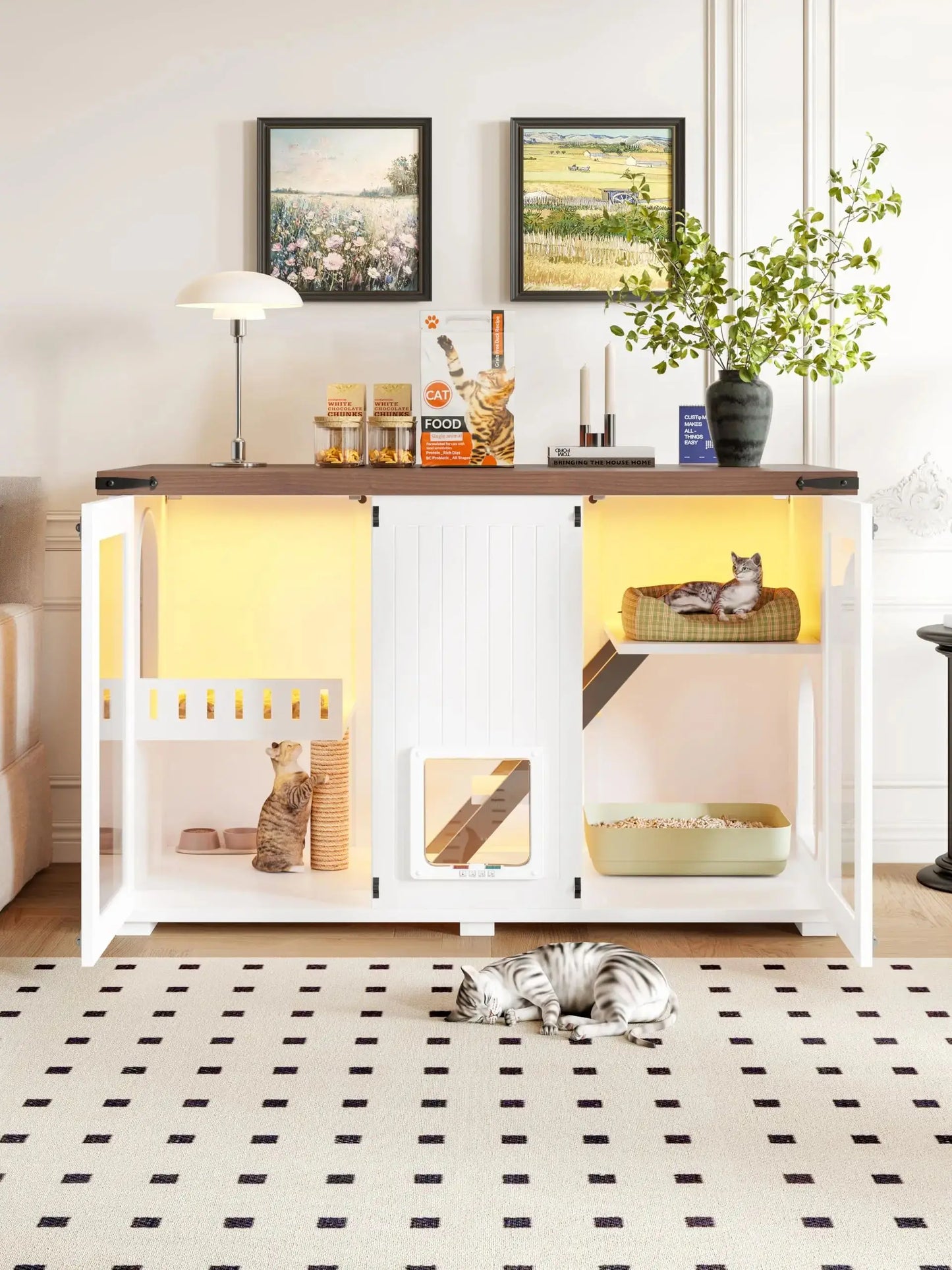 Cat House Litter Box Enclosure With LED Light And Stairs