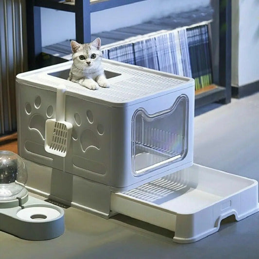 Cat Litter Box Foldable Hooded With Scoop And Drawer