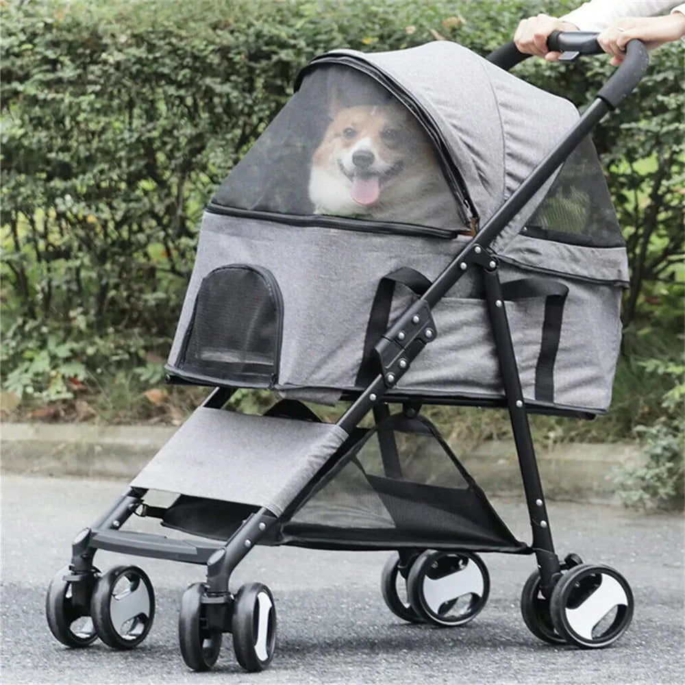 Foldable Pet Stroller Travel Carrier With 360 Wheels And Rain Cover