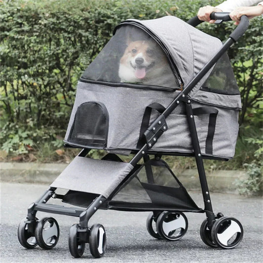 Foldable Pet Stroller Travel Carrier With 360 Wheels And Rain Cover