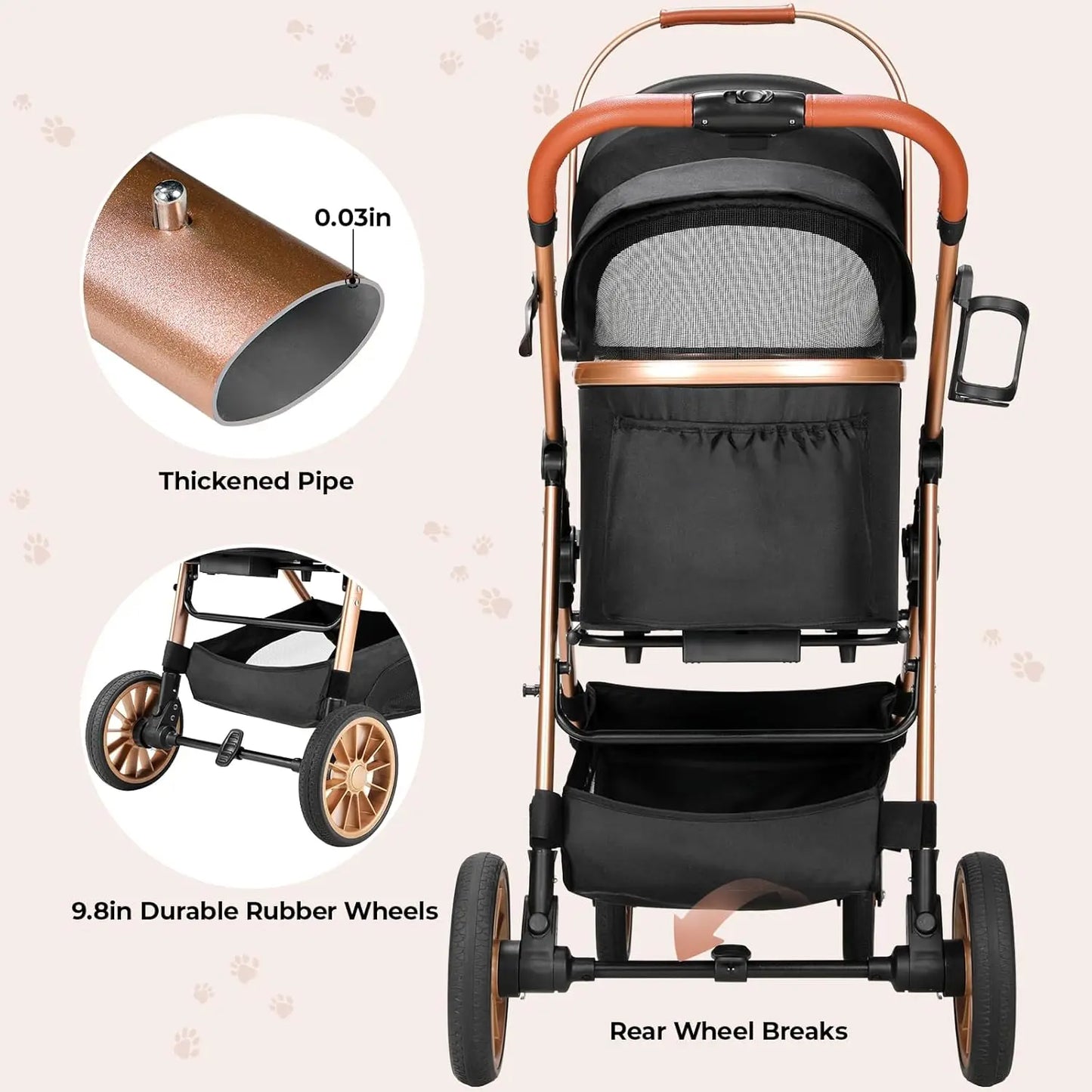 Foldable Pet Stroller All Terrain 3 In 1 Carrier Cup Holder