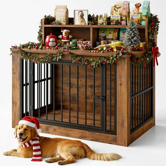 Wooden Dog Crate Furniture Heavy Duty With Storage And Hooks